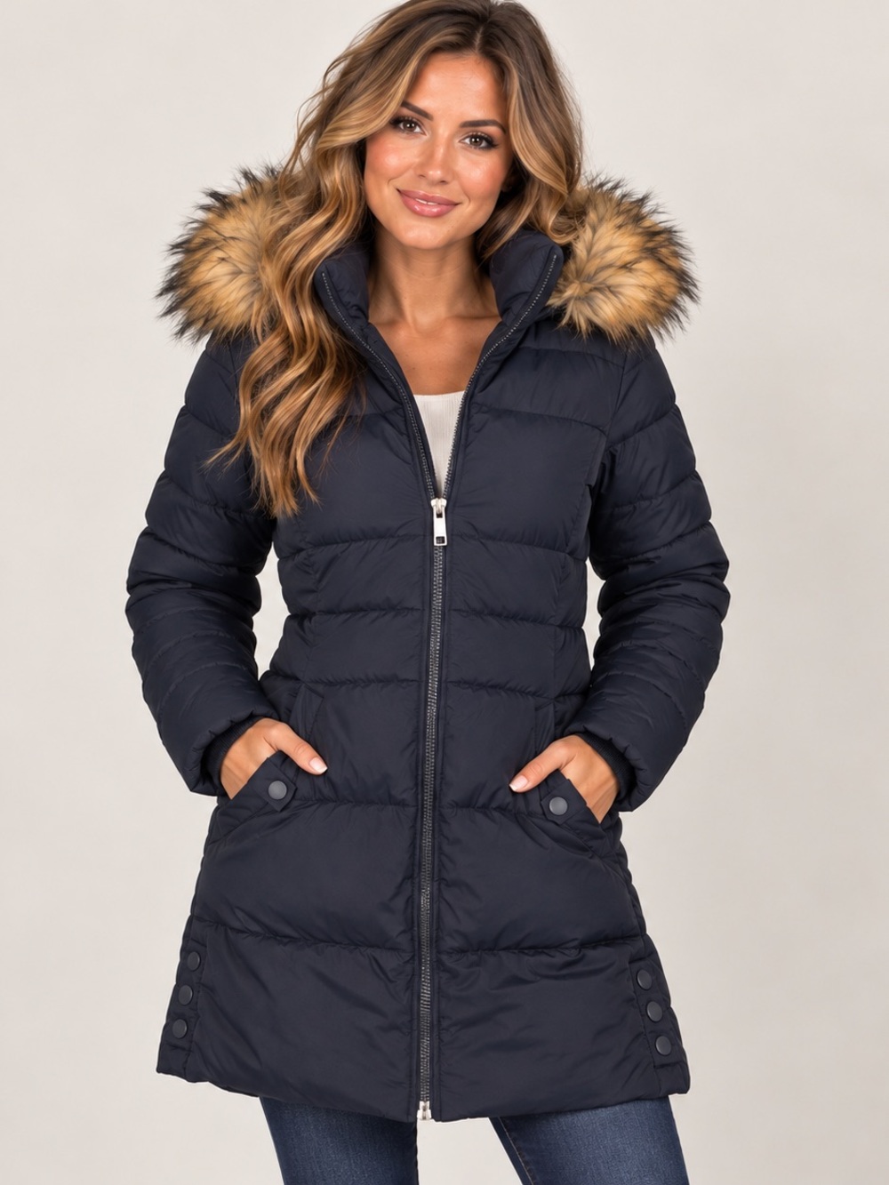 Cherfly Women’s Small Navy Puffer Coat Faux Fur Hood Longline Winter Jacket